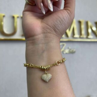 Pulseira Elo Portugues Com Berloque De Coração Em Zirconia